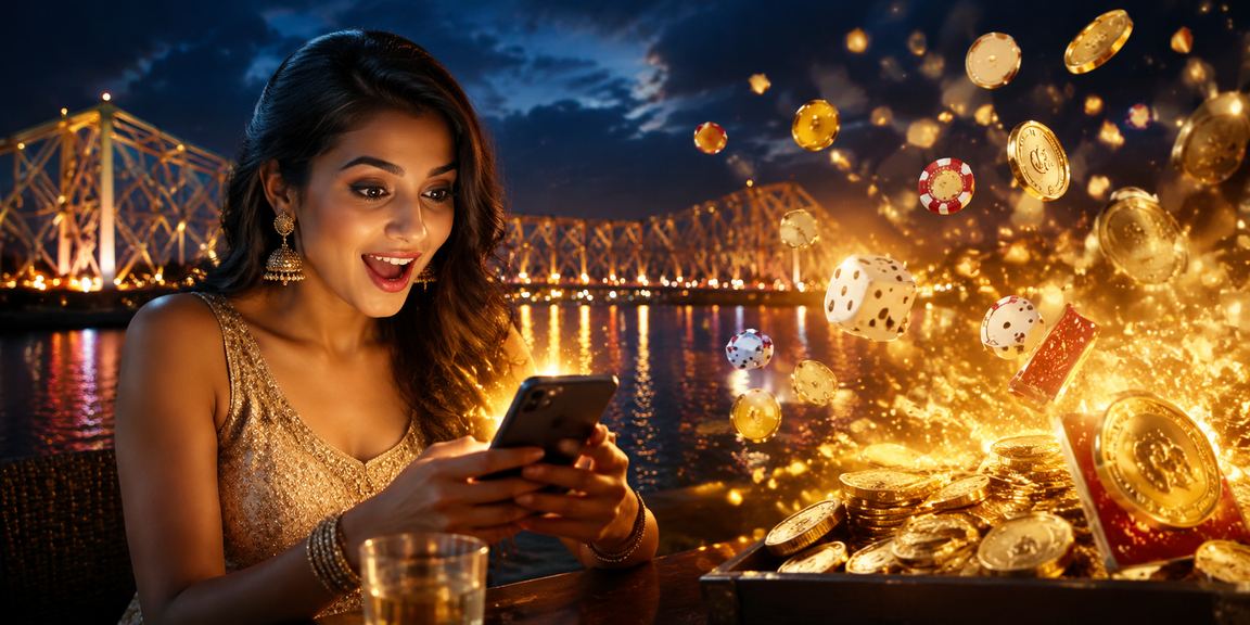 Night market scene with Kolkata Howrah bridge and casino app promotion